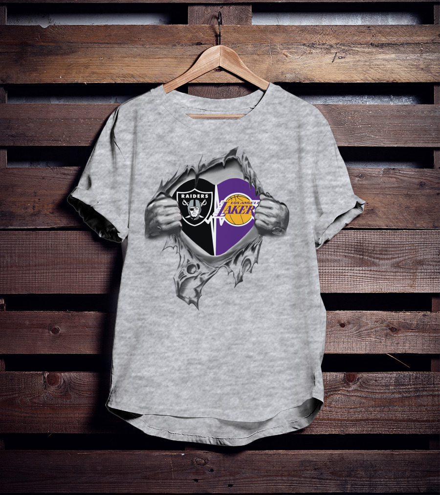 Raiders Los Angeles Lakers Heart Symbol With Torn Skin T-Shirt