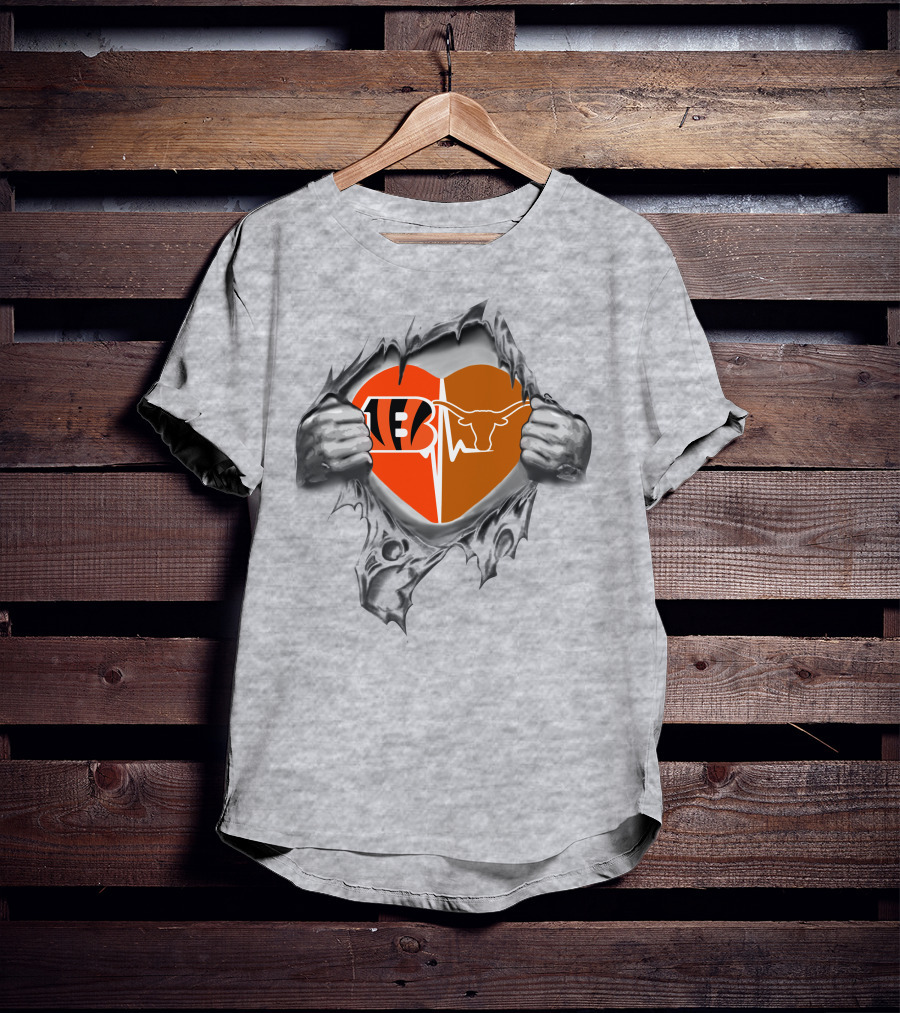 Bengals Texas Longhorns Heart Design With Logo Elements And Symbolic T-Shirt