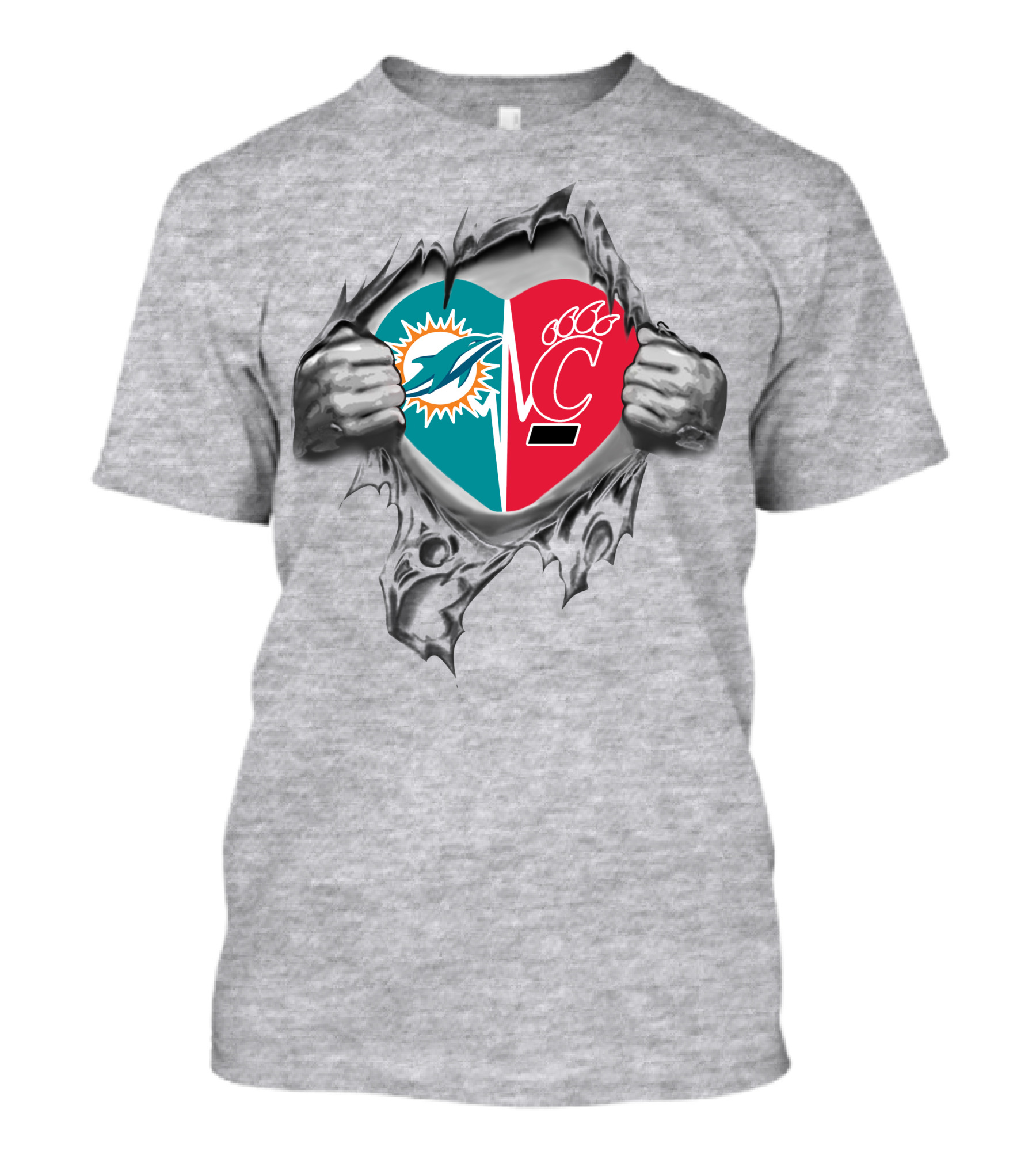 Dolphins Cincinnati Bearcats Heart Torn Hands Football Fan Spirit T-Shirt