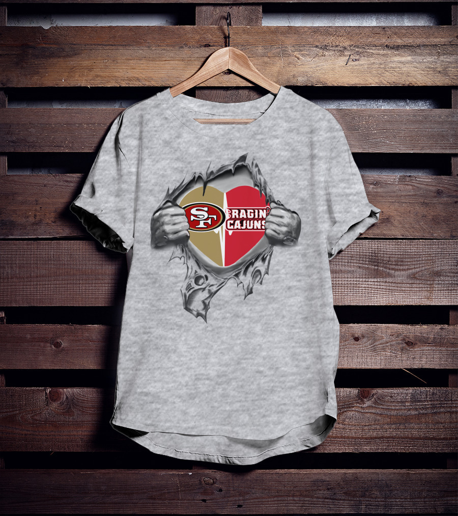 49ers Ragin' Cajuns Heart Dual Loyalty Tear-Out T-Shirt