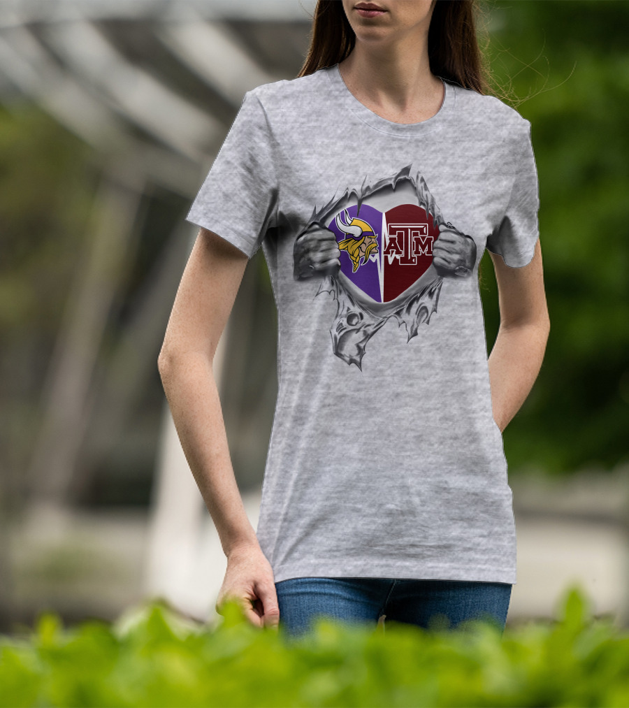Vikings Texas A&M Aggies Heart With Logos Hidden Inside Ripped T-Shirt