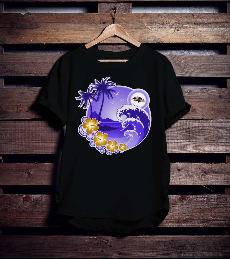 Baltimore Ravens Happy Holidays Tropical Paradise With Wave And Flowers T-Shirt