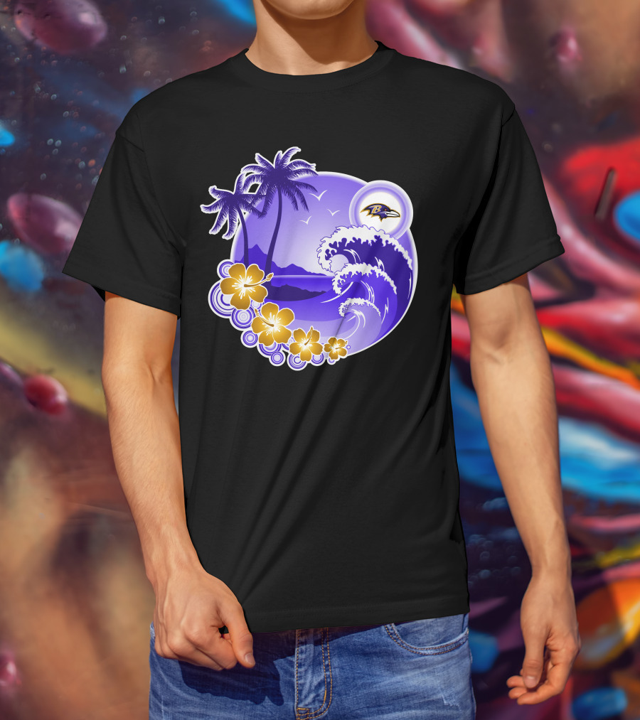 Baltimore Ravens Happy Holidays Tropical Paradise With Wave And Flowers T-Shirt