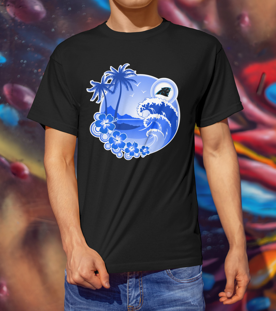 Carolina Panthers Happy Holidays Tropical Wave And Palm Trees T-Shirt