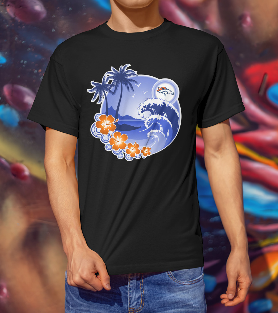Denver Broncos Happy Holidays Tropical Beach Scene T-Shirt