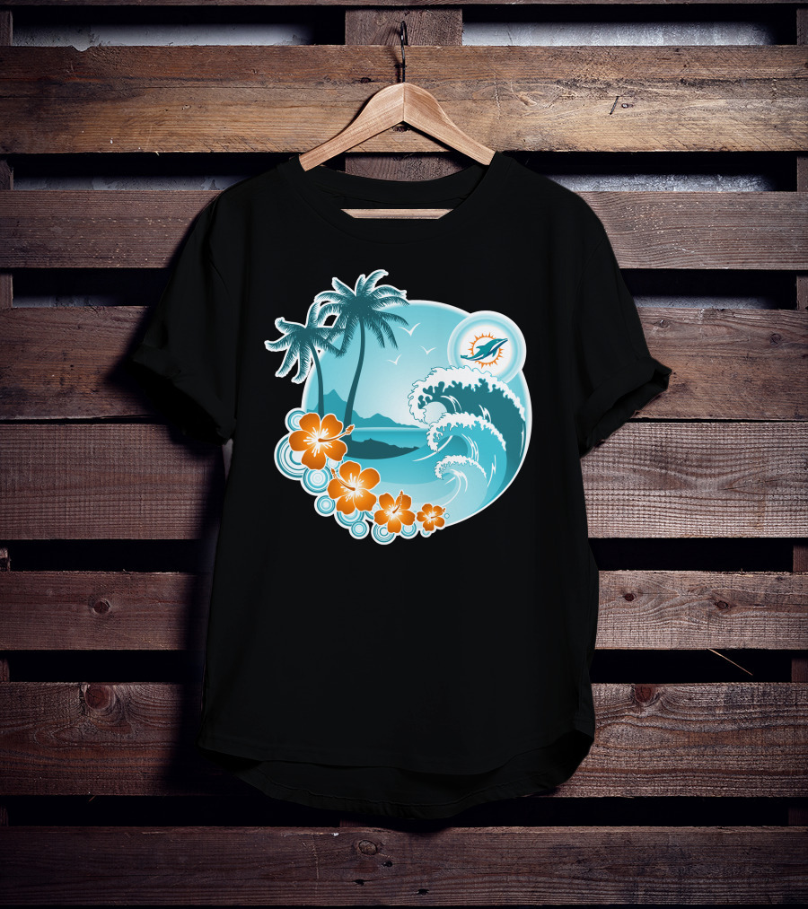 Miami Dolphins Happy Holidays Tropical Wave And Palm Trees Scene T-Shirt