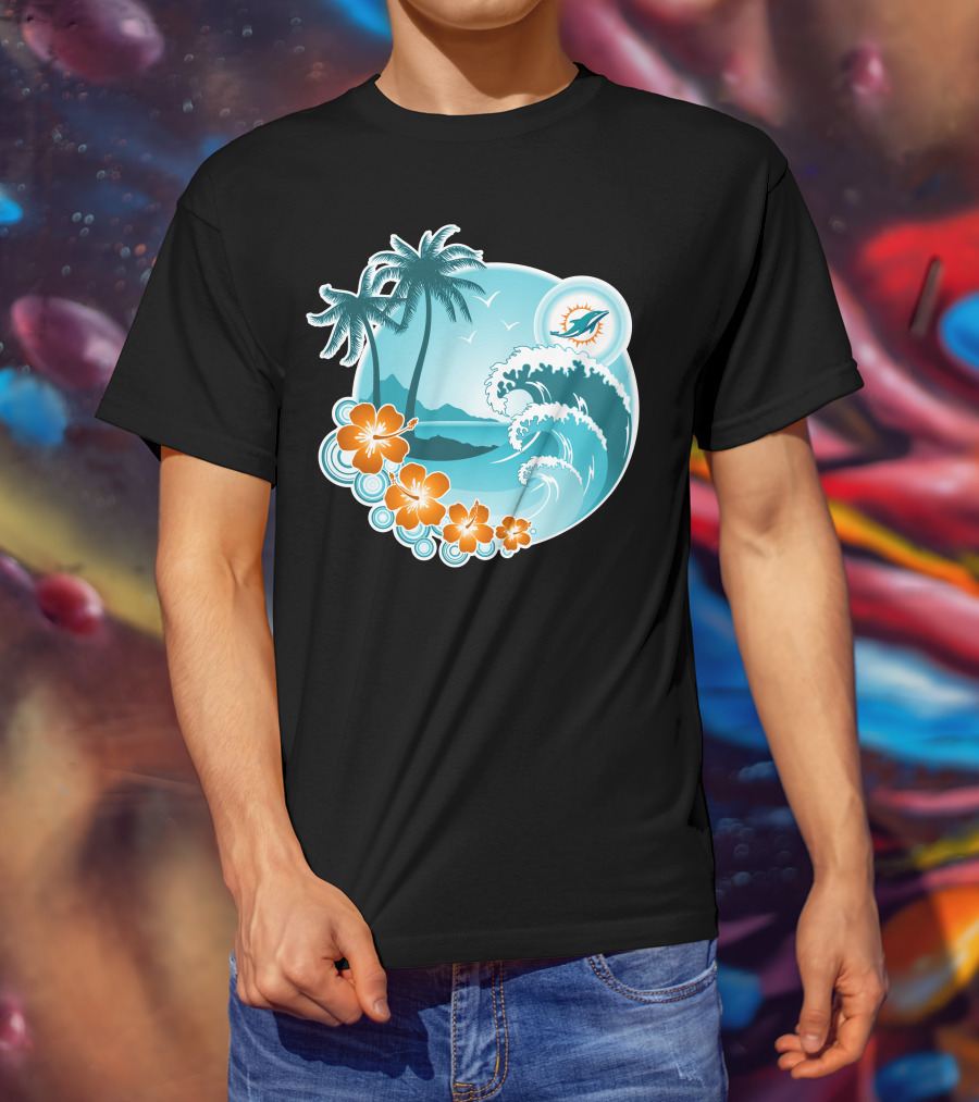Miami Dolphins Happy Holidays Tropical Wave And Palm Trees Scene T-Shirt