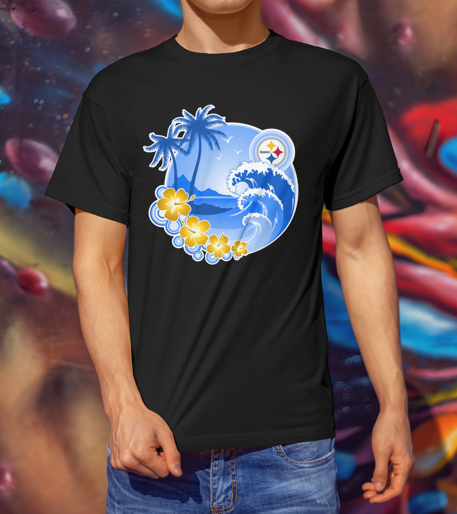Pittsburgh Steelers Happy Holidays Tropical Waves Palm Trees Flowers T-Shirt