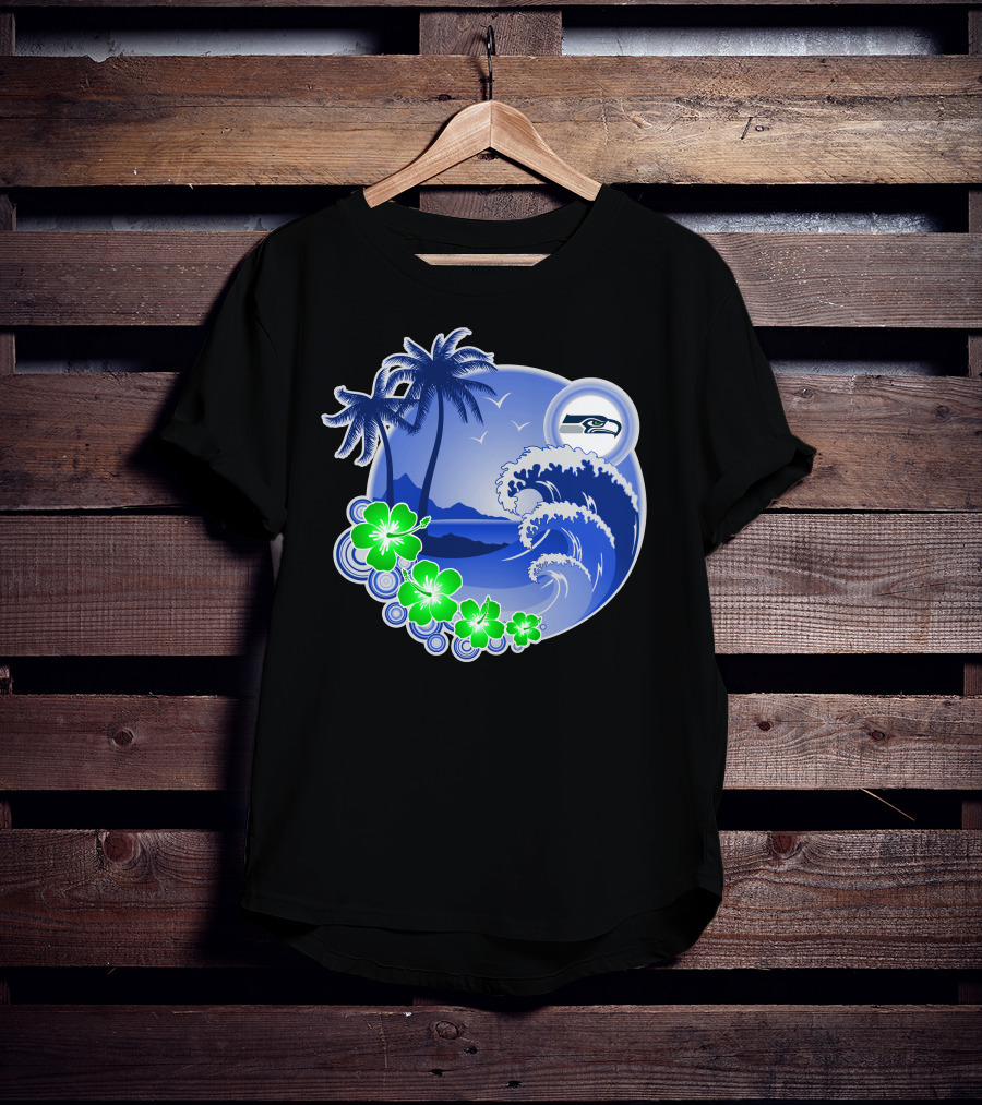 Seattle Seahawks Tropical Beach Happy Holidays Wave And Palm Trees T-Shirt