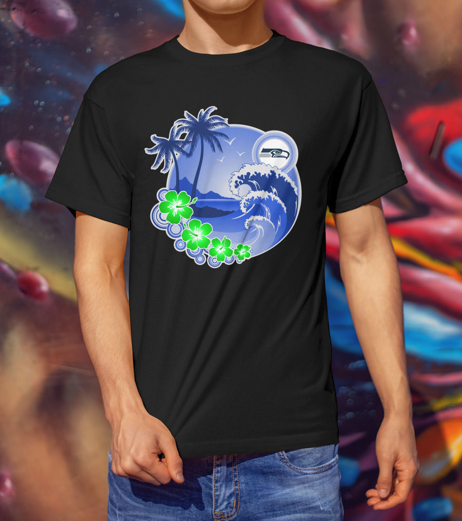 Seattle Seahawks Tropical Beach Happy Holidays Wave And Palm Trees T-Shirt