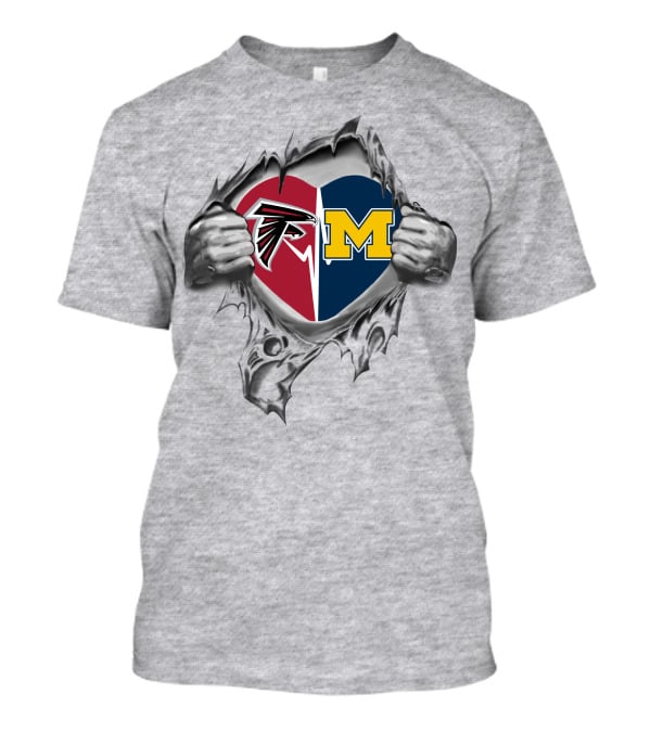 Falcons Michigan Wolverines Heart Logo Inside Torn Greytex T-Shirt