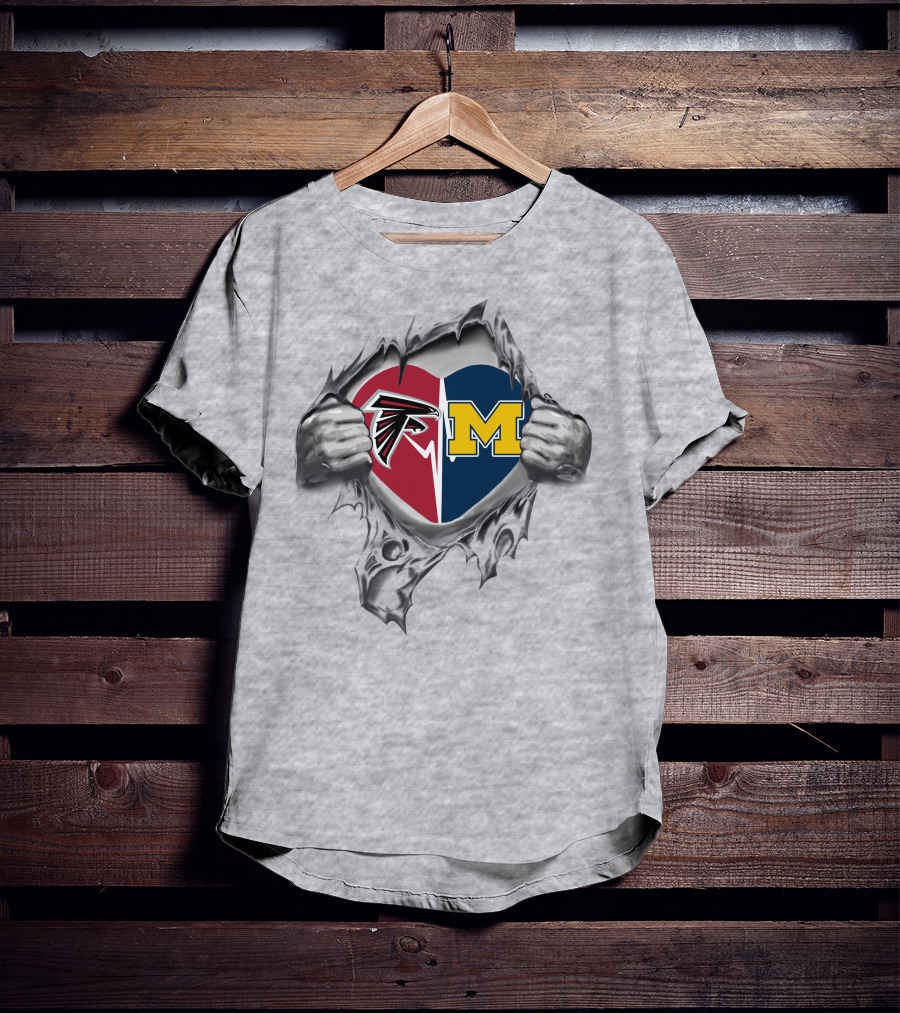 Falcons Michigan Wolverines Heart Logo Inside Torn Greytex T-Shirt