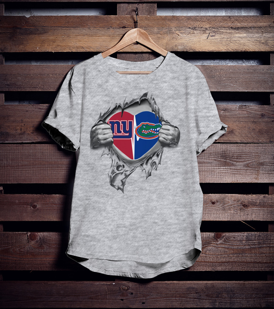 Giants Florida Gators Heart Design Featuring Team Logos Peeking Through Torn Fabric T-Shirt