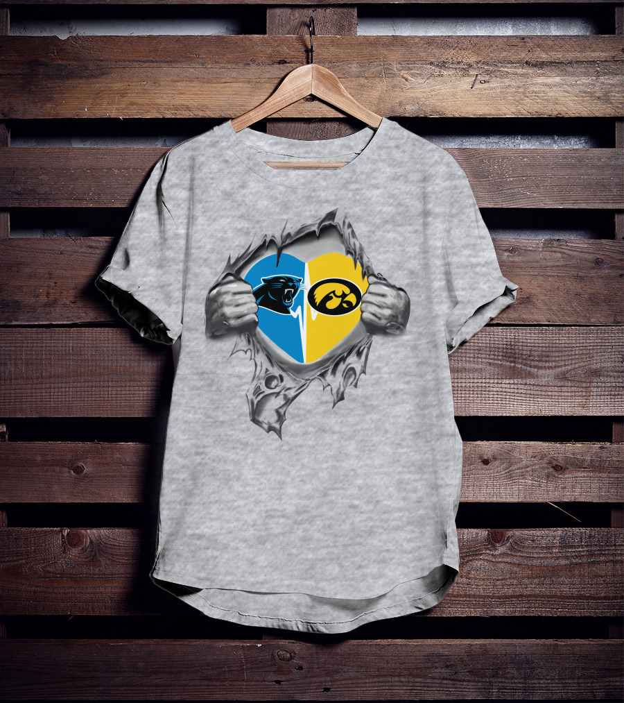Panthers Iowa Hawkeyes Heart Design Combining Blue And Yellow Team Logos T-Shirt