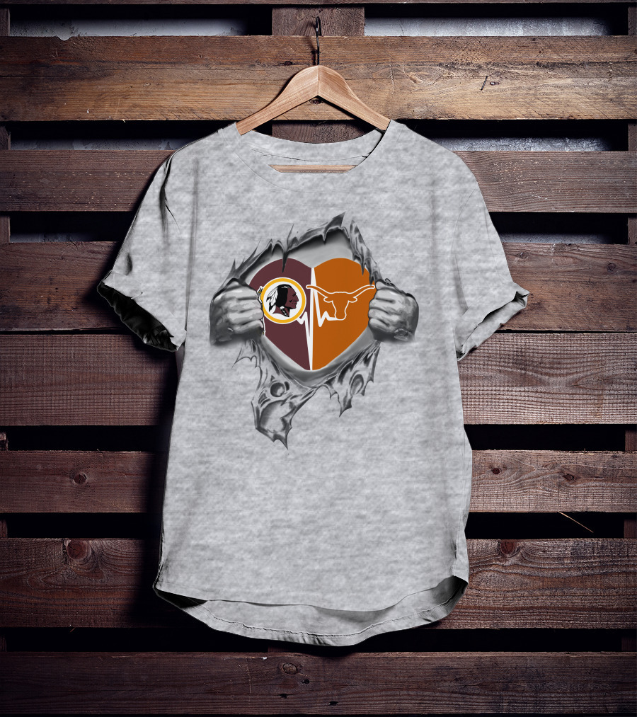 Redskins Texas Longhorns Heartbeat Design With Torn Effect T-Shirt