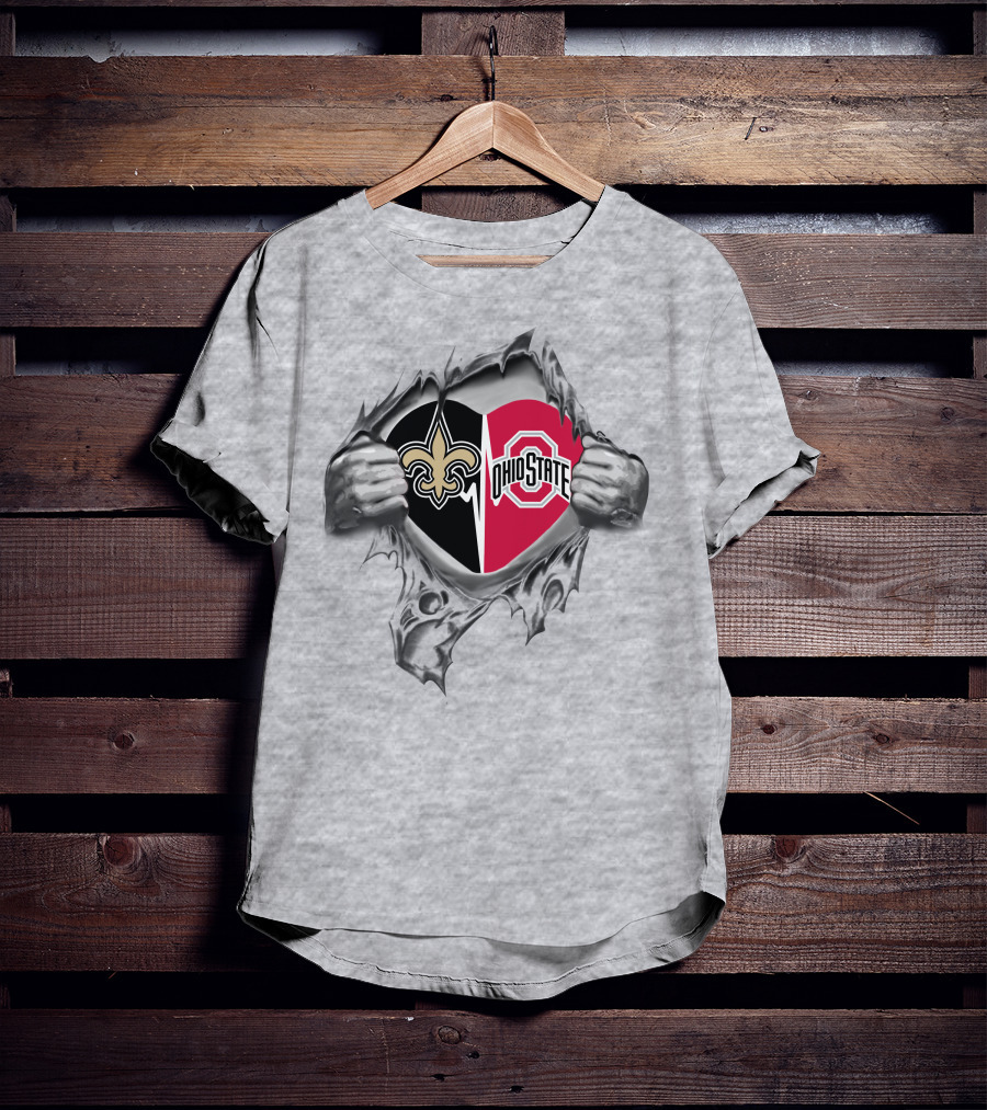 Torn Heart Saints Logo And Ohio State Buckeyes Emblem Fusion T-Shirt
