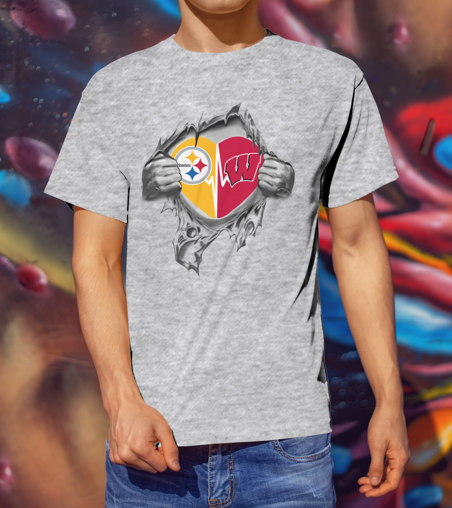 Steelers Wisconsin Badgers Heart Design With Icons T-Shirt