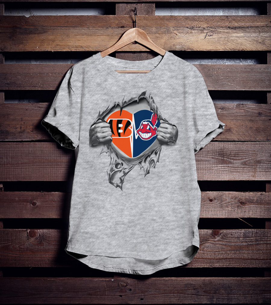 Bengals Cleveland Indians Heart Symbol Inside Ripped Exterior T-Shirt