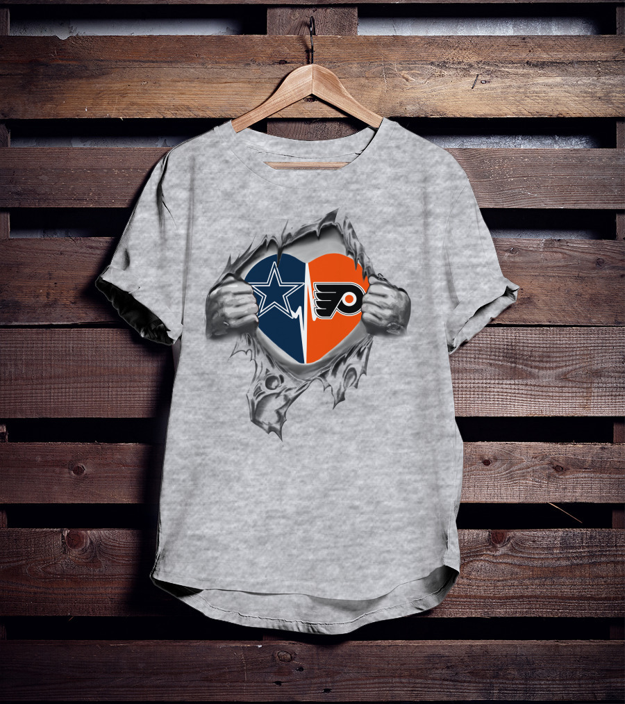 Cowboys Philadelphia Flyers Heart Design With Split Logos T-Shirt