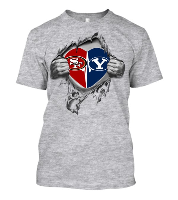 49ers Byu Cougars Heart Logos Torn Open Football Fandom T-Shirt