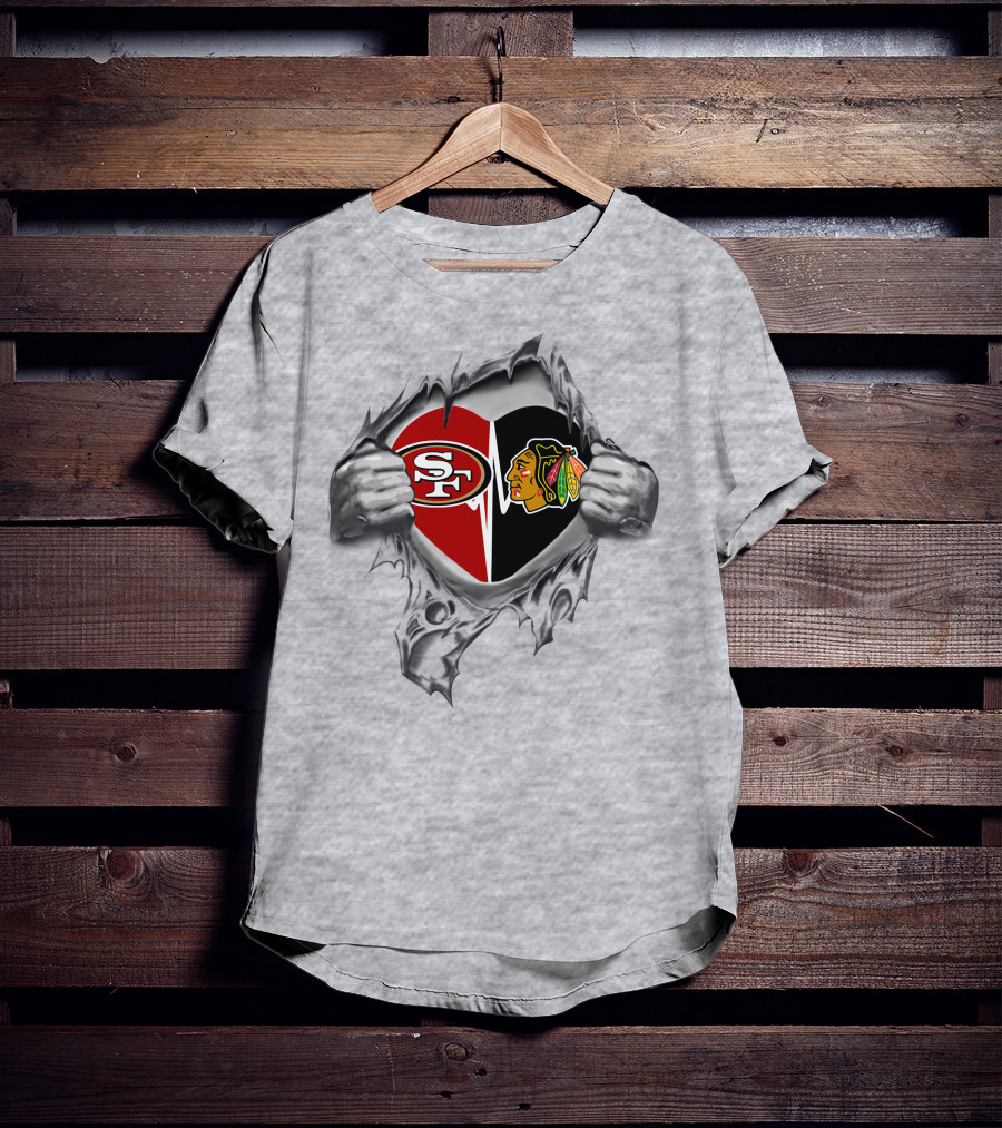 49ers Chicago Blackhawks Heart Split Logo Fan Pride T-Shirt