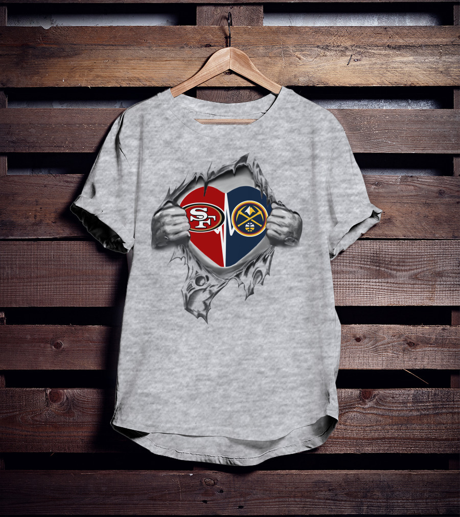 49ers Denver Nuggets Heart Logos Torn Fabric Concept T-Shirt