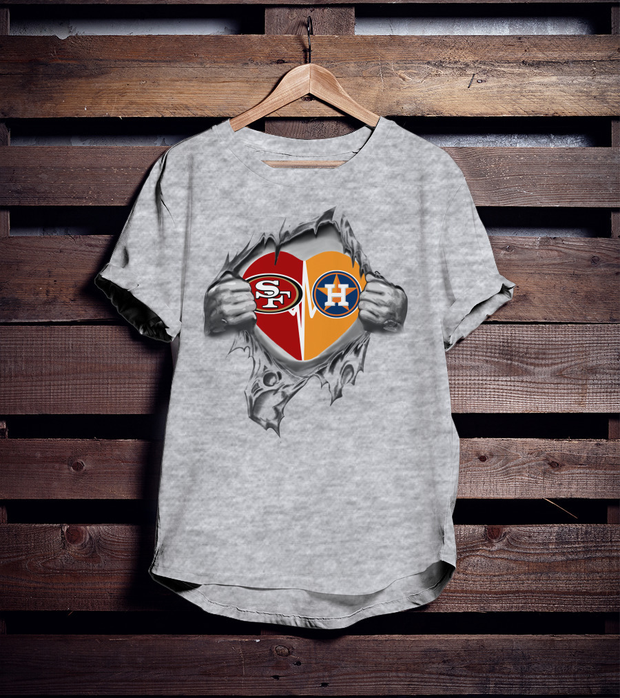 49ers Houston Astros Heart Logos With Ripped Skin Effect T-Shirt