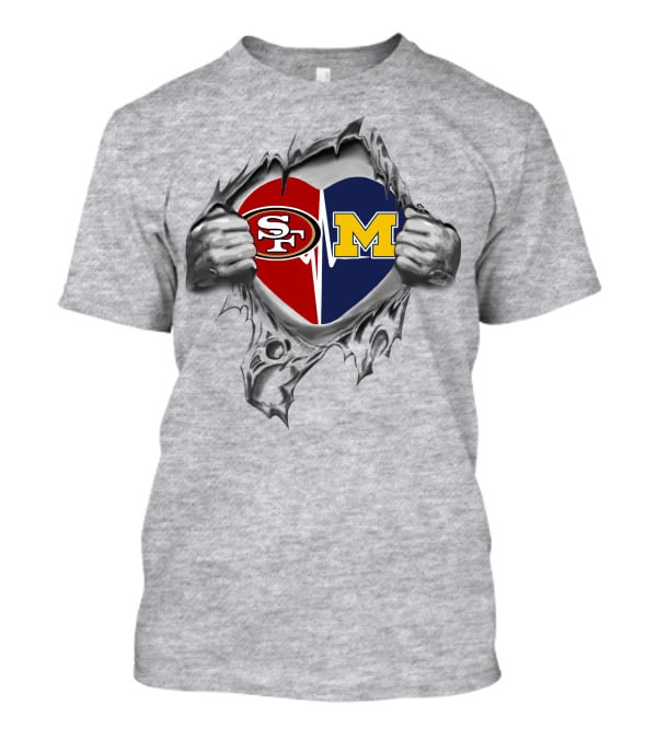 49ers Michigan Wolverines Heart Symbol With Hands Tearing T-Shirt