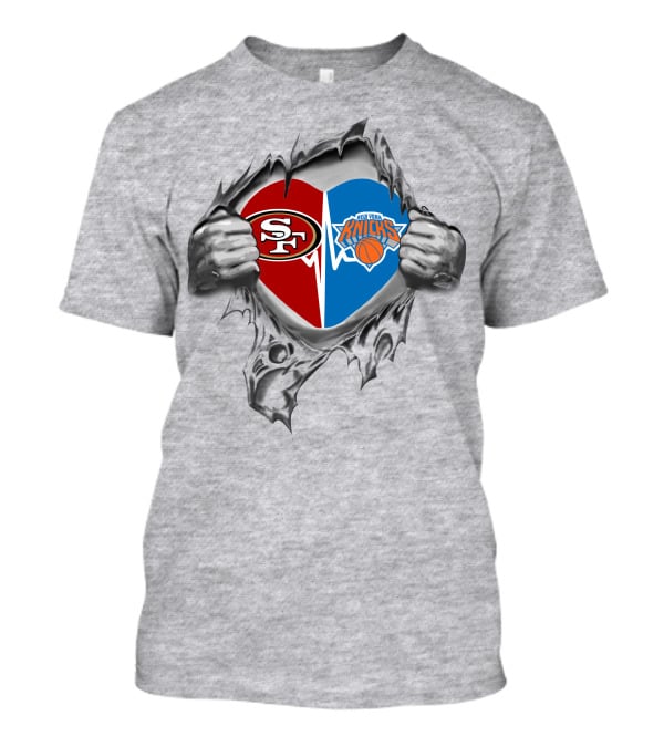 49ers New York Knicks Heart Logos Inside Torn Metal Hands T-Shirt