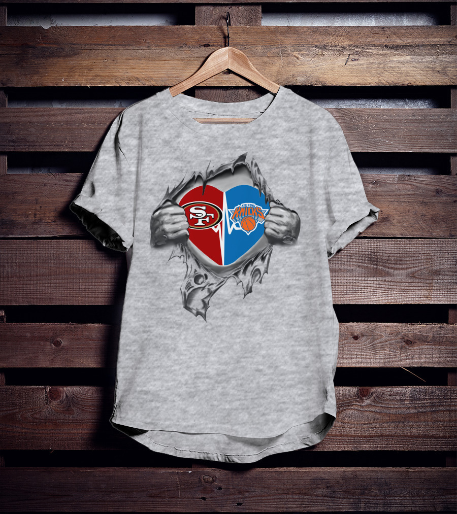 49ers New York Knicks Heart Logos Inside Torn Metal Hands T-Shirt