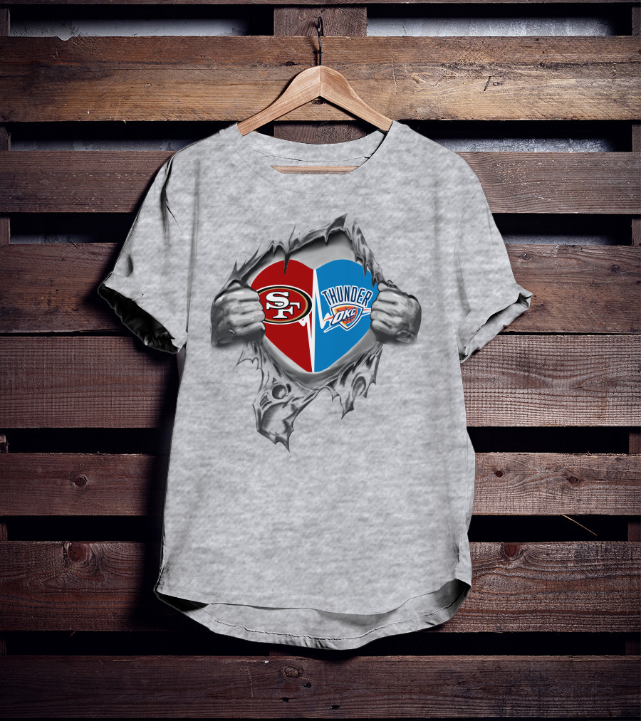 49ers Oklahoma City Thunder Heart Torn Open Logo Fusion T-Shirt