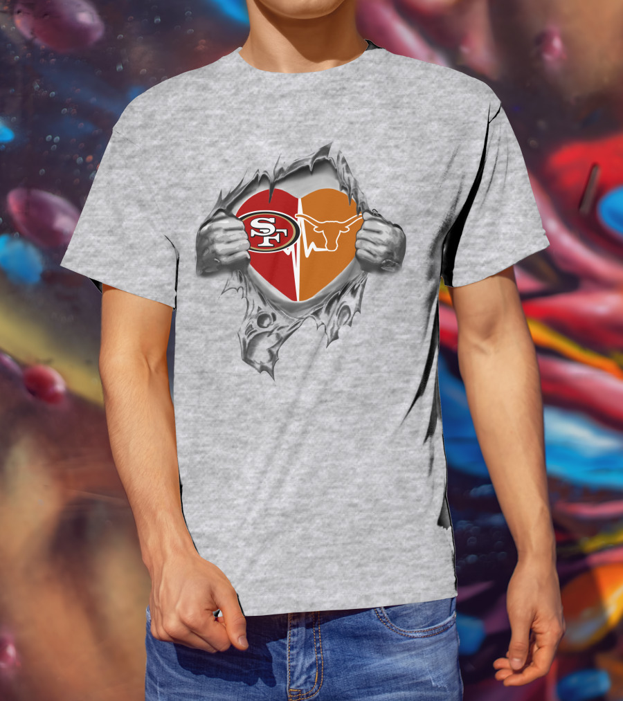 49ers Texas Longhorns Heart Logo Peeling T-Shirt