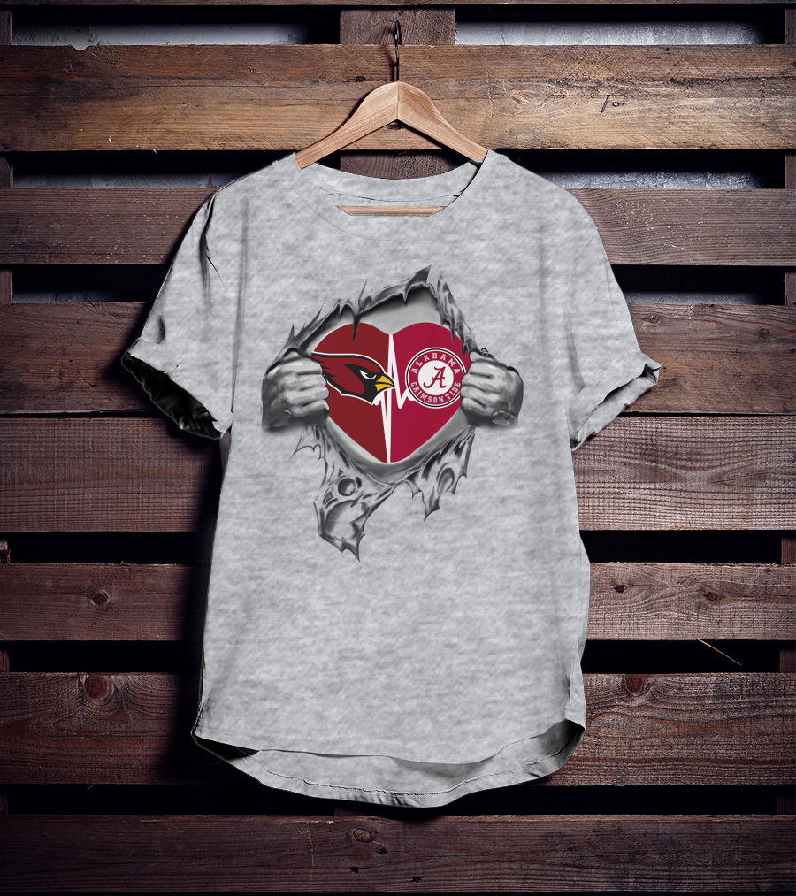 Cardinals Alabama Crimson Tide Heart Symbol Split In Torn T-Shirt