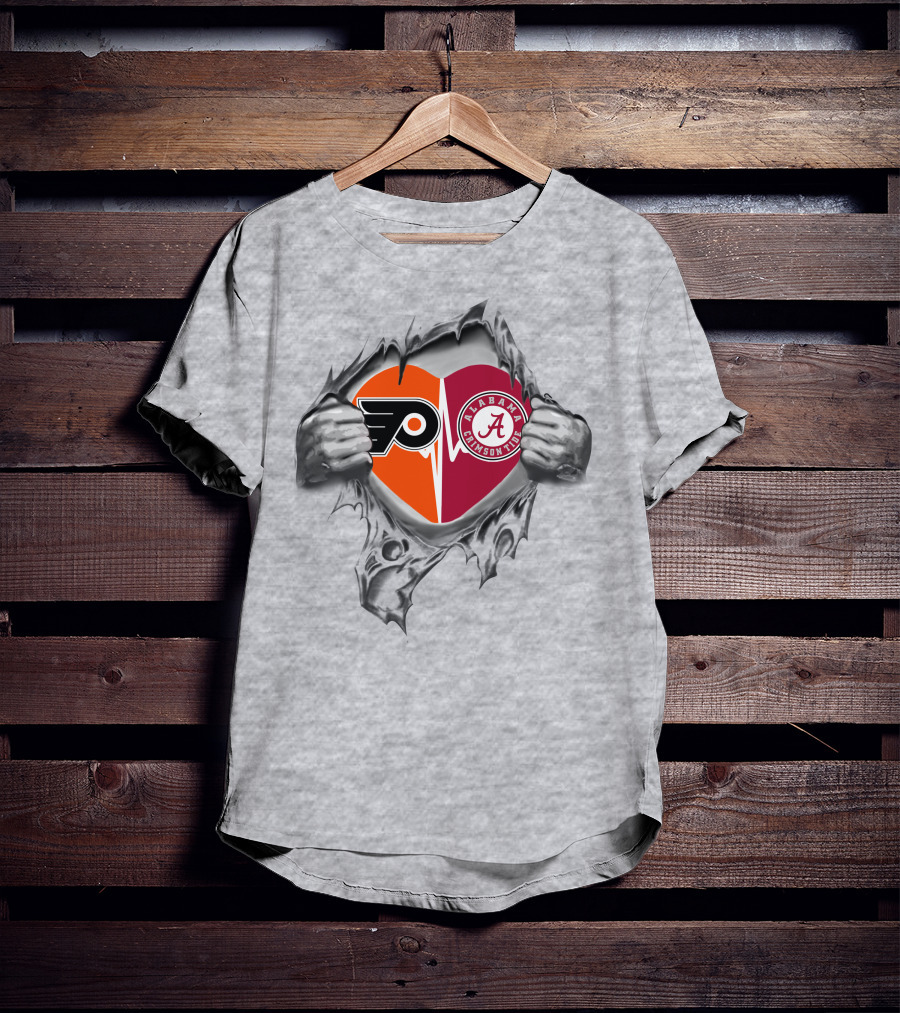 Philadelphia Flyers Alabama Crimson Tide Heart Logo Tear T-Shirt