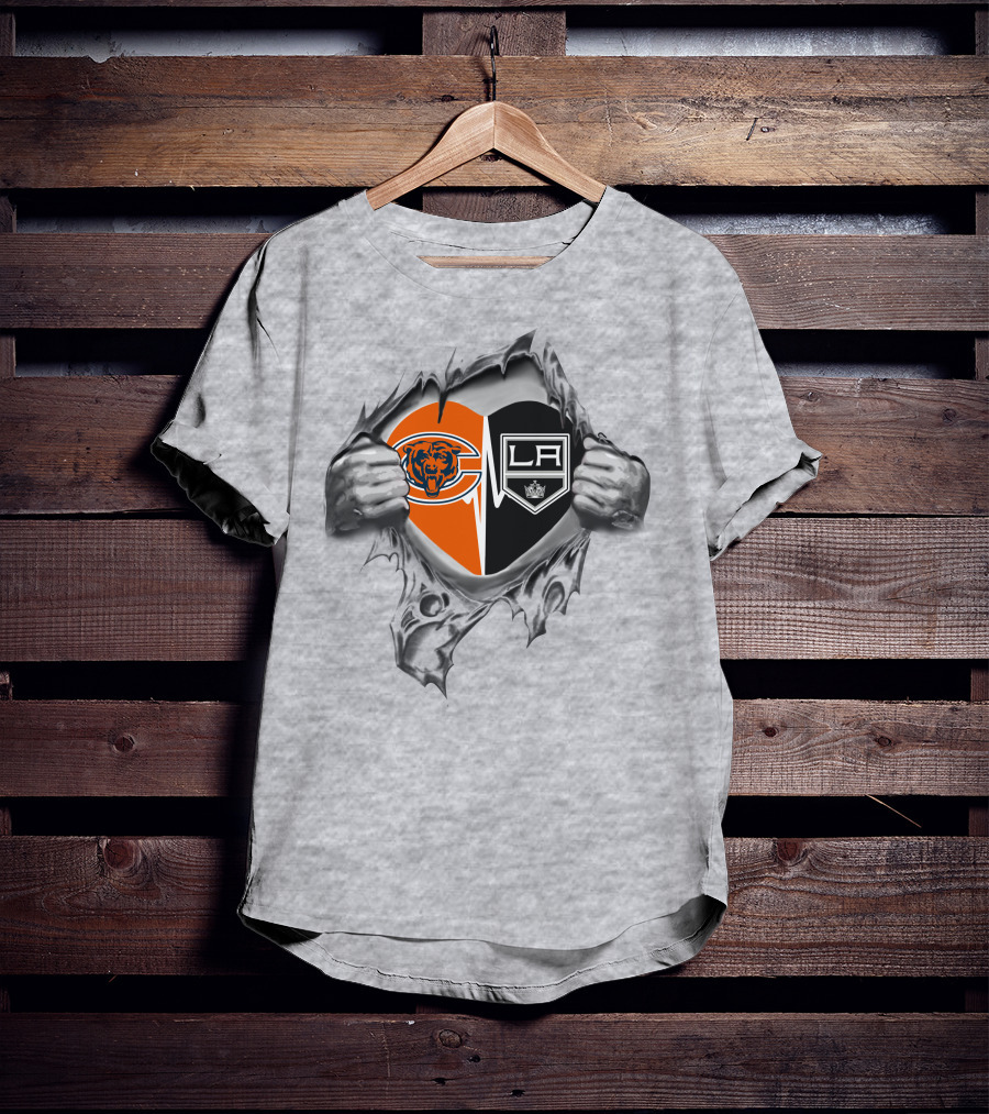 Bears Chicago And Los Angeles Kings Heart Logo Fusion T-Shirt