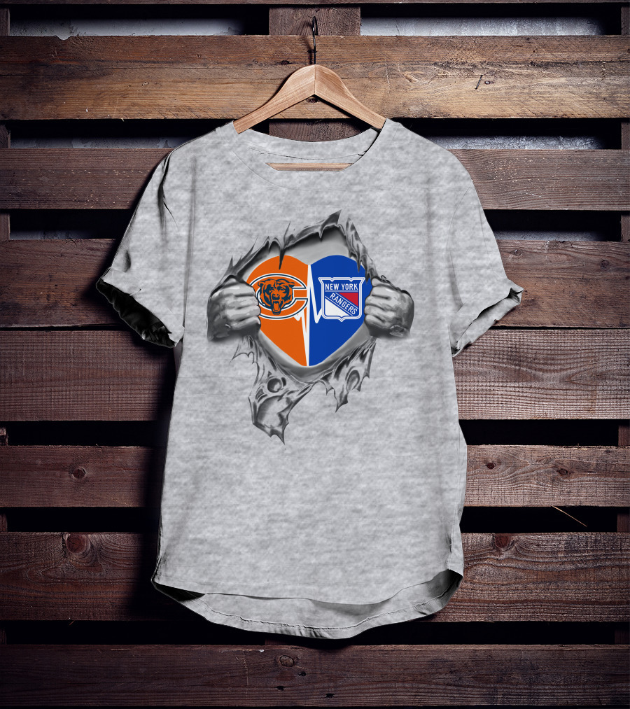 Bears And New York Rangers Heart Logo Split With Hands T-Shirt