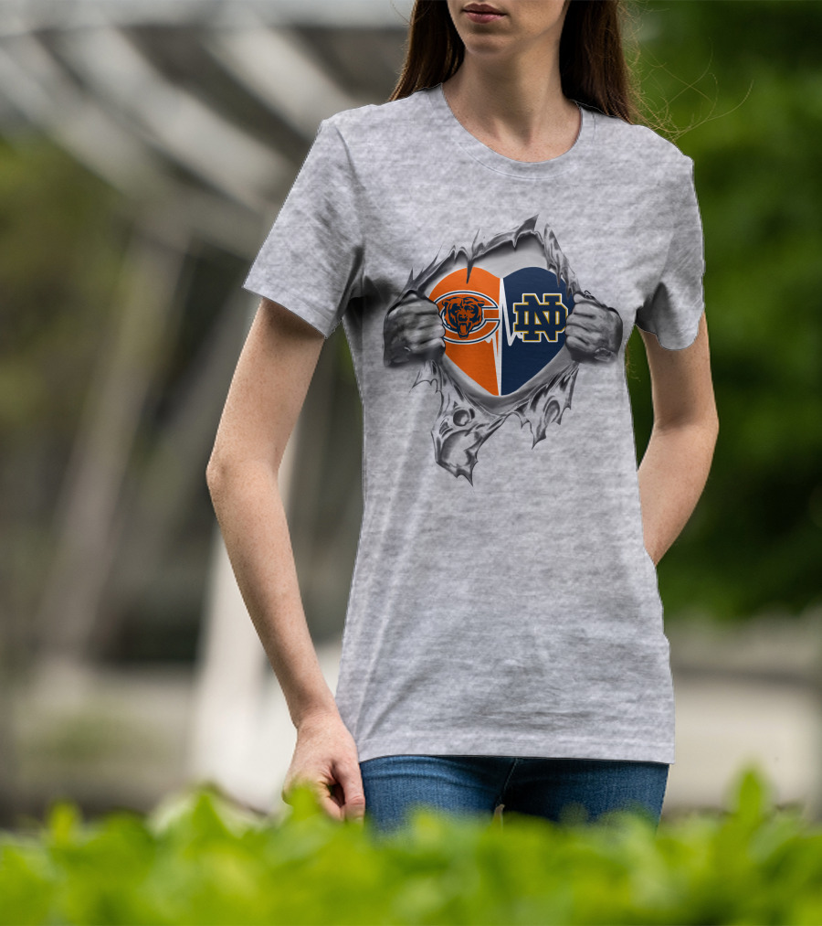 Bears Notre Dame Fighting Irish Heart With Logos T-Shirt