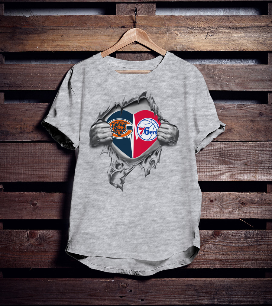 Bears Chicago And Philadelphia 76ers Heart Symbol Torn T-Shirt