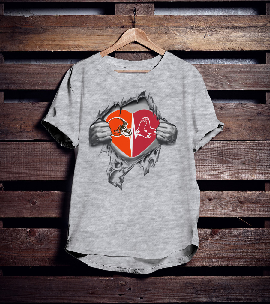 Browns Boston Red Sox Heart Split Football Baseball Loyalty T-Shirt