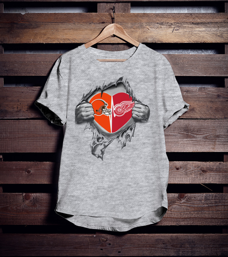 Browns Detroit Red Wings Heart With Helmet And Winged Wheel T-Shirt
