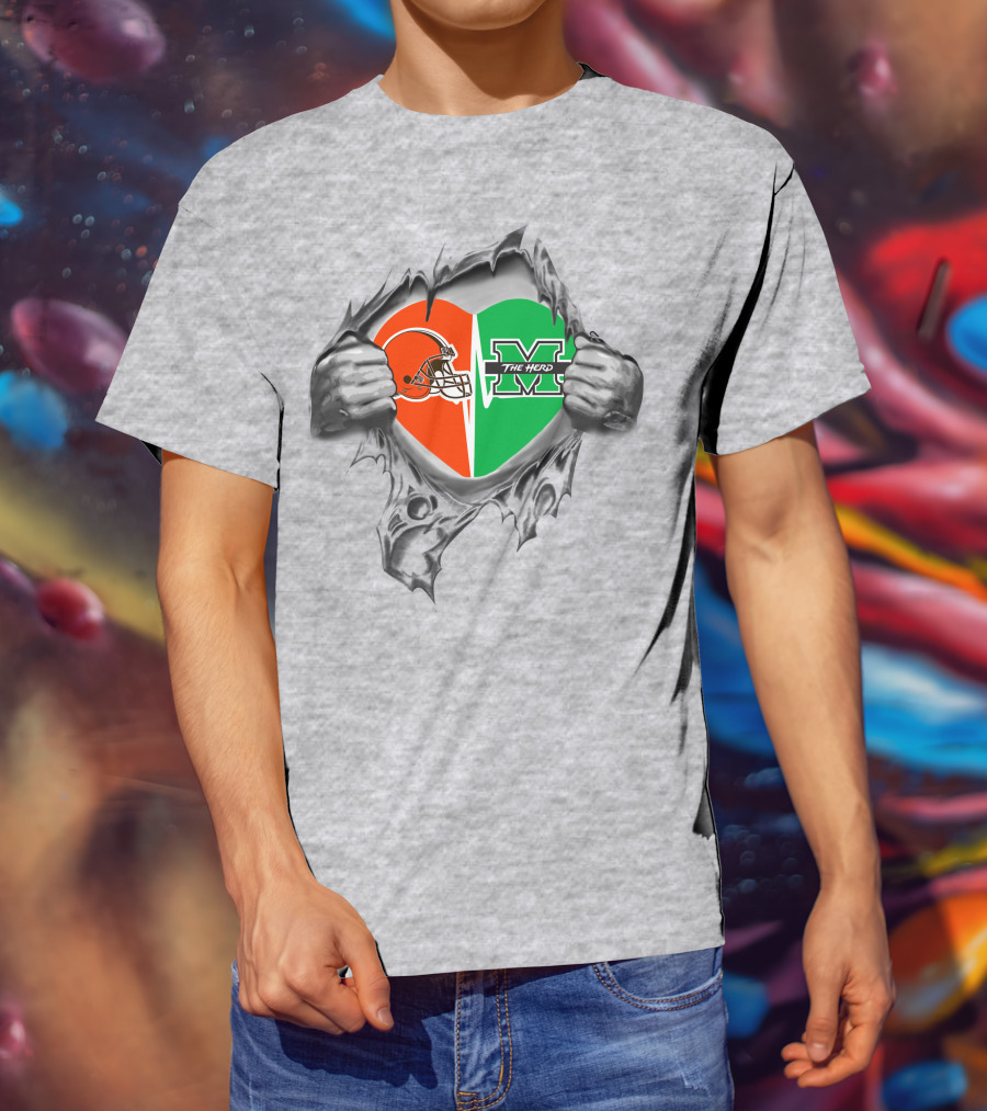 Browns Helmet And Marshall Thundering Herd Heart T-Shirt