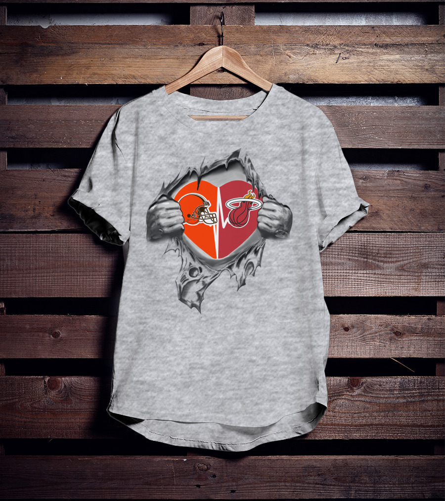 Cleveland Browns Miami Heat Heart Torn Open Football Basketball Passion T-Shirt