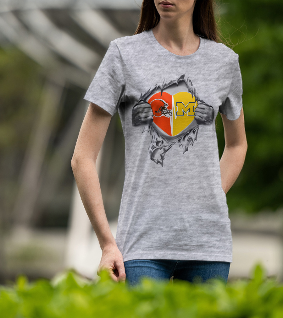 Browns Michigan Wolverines Heart Logo Ripped T-Shirt