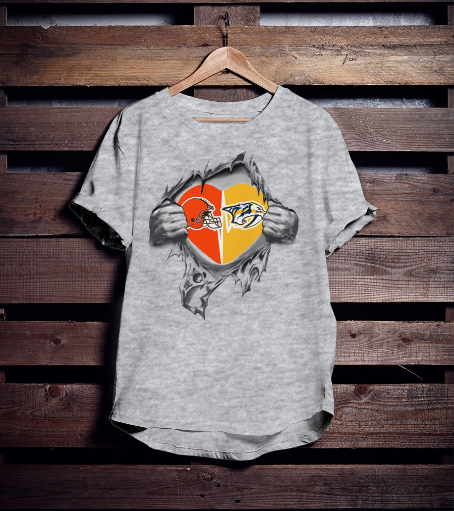 Cleveland Browns Nashville Predators Heart Logo Tearing T-Shirt
