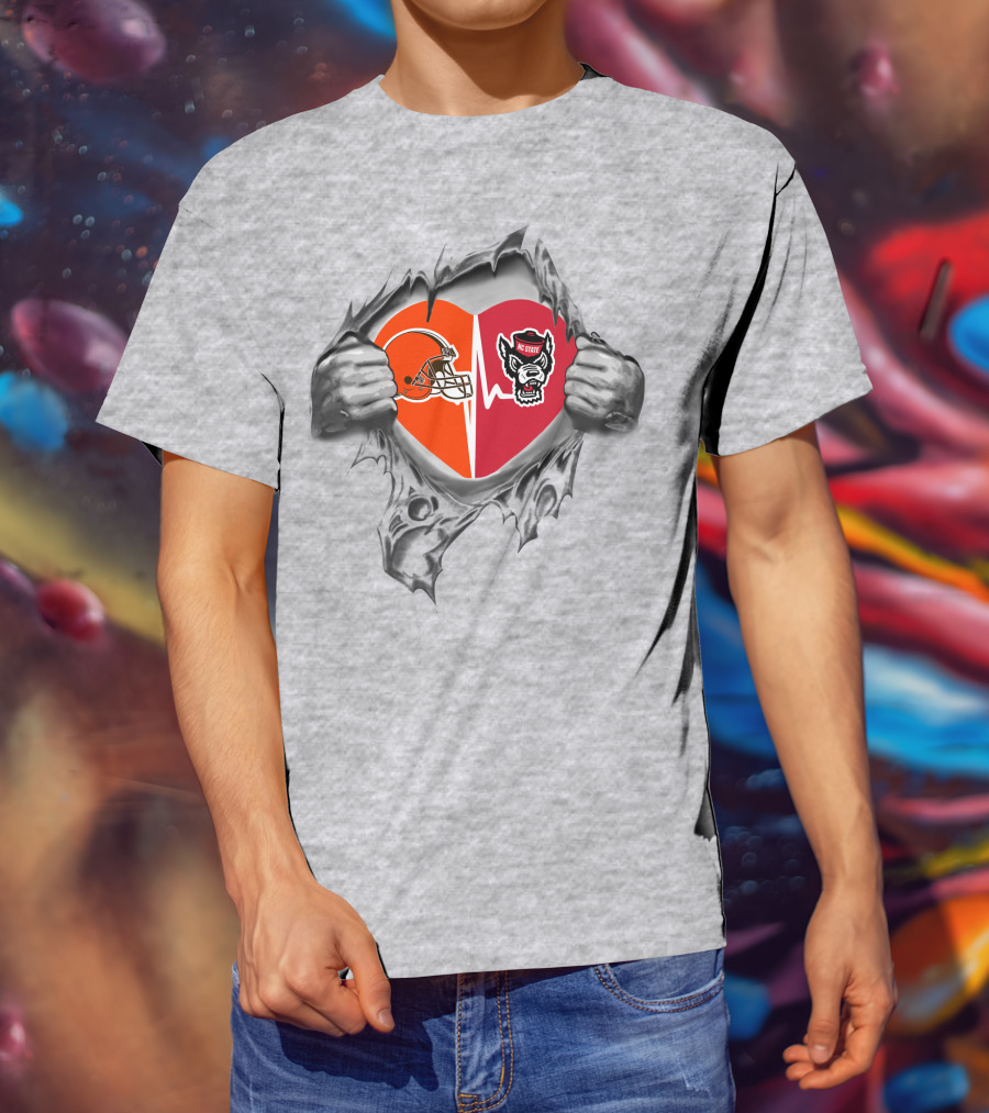 Browns Nc State Wolfpack Heartbeat Dual Loyalty T-Shirt