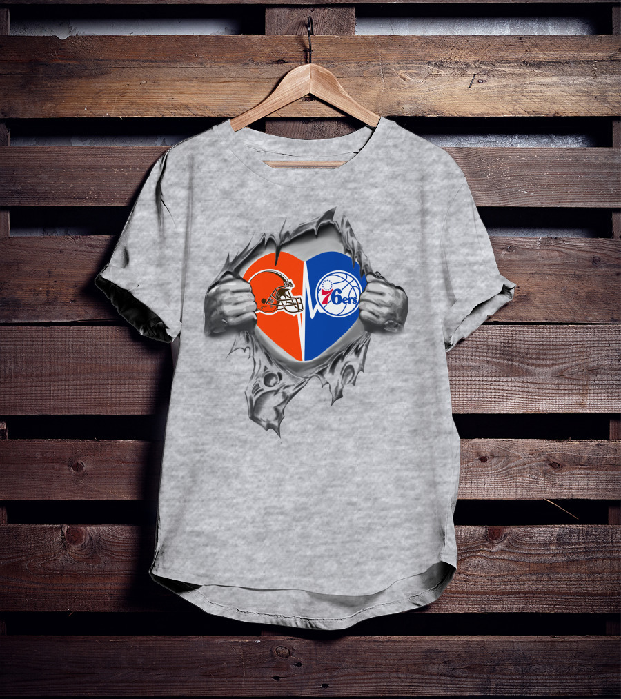 Browns 76ers Nfl Nba Heart Logo Fusion T-Shirt