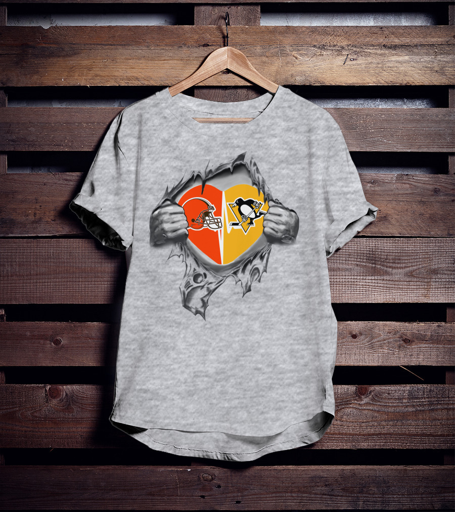 Browns Pittsburgh Penguins Heart Split T-Shirt