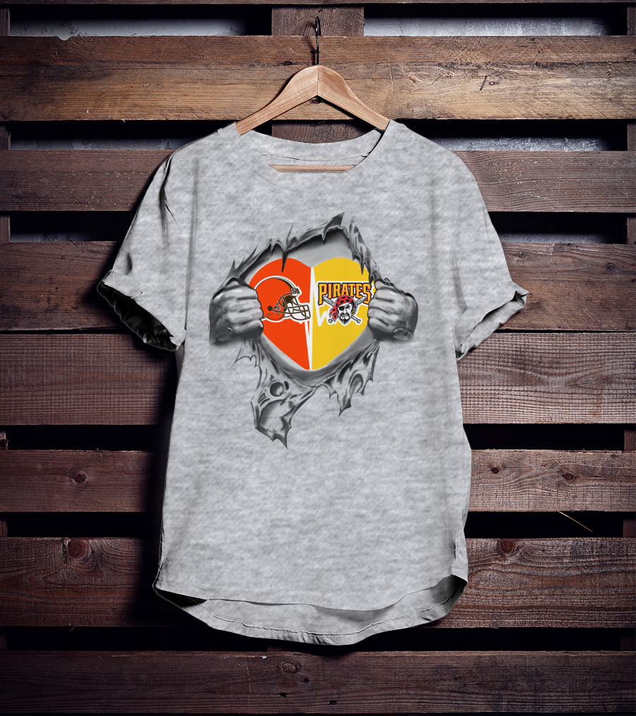 Browns Pirates Heart Logos Cleveland Pittsburgh Fan Pride T-Shirt