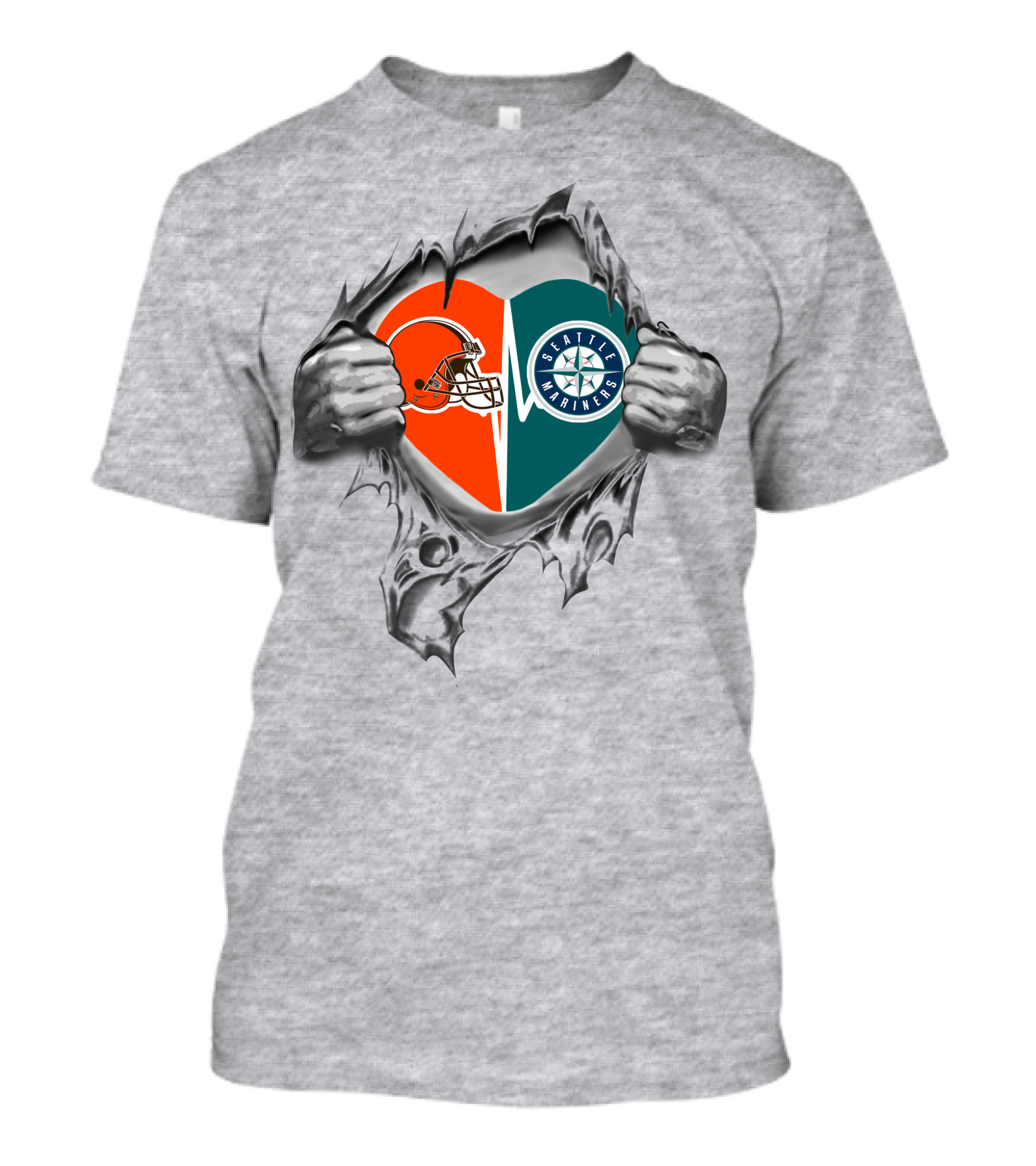 Browns And Seattle Mariners Heart Symbol With Torn Fabric T-Shirt