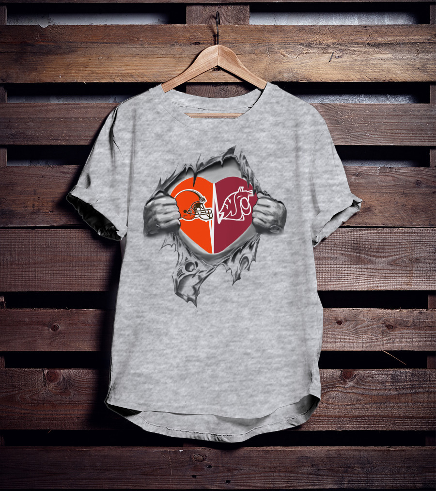Browns And Washington State Cougars Heart Logo Ripped T-Shirt
